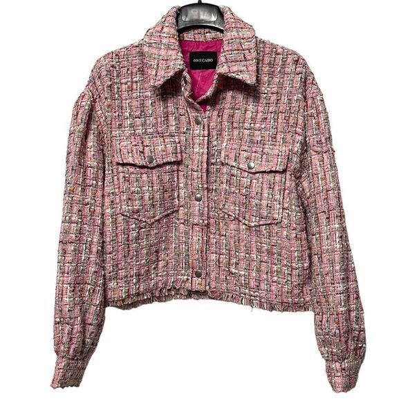 NWOT DOLCE CABO Chloe Pink Tweed Cropped Fringe Jacket M - Picture 1 of 7